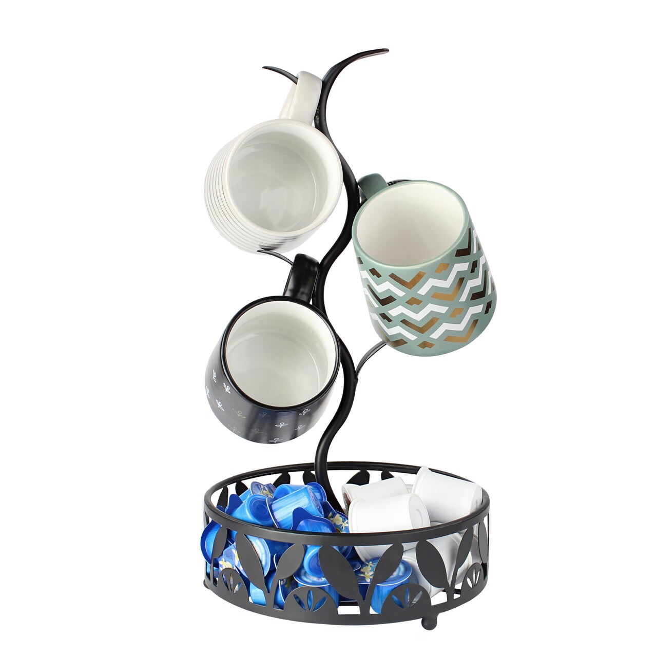 7Penn 4 Hook Countertop Coffee Mug Holder Tree and Coffee Pod Organizer Basket